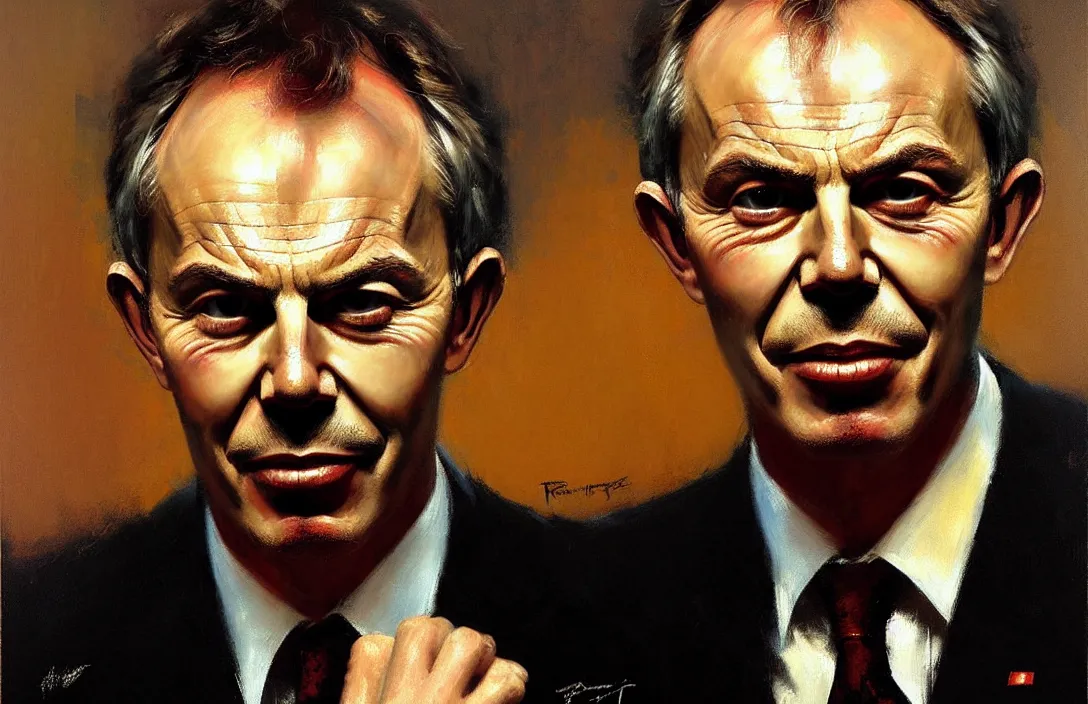 Image similar to portrait of tony blair!!!!!!!!!!!!!!!!!!!!!!!!!!!, detailed face, detailed painting, epic lighting, by ilya repin, phil hale and kent williams