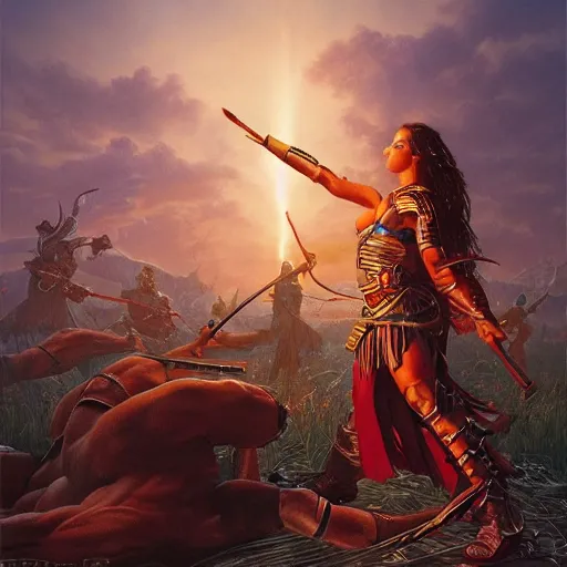 Image similar to epic beautiful young warrior maiden fighting against injustice under ritual lit night Micheal Whelan, Jeff Easley photorealistic, cinematic, fantastic reality, detailed, intricate dramatic lighting, establishing shot, 8k resolution – W 1024