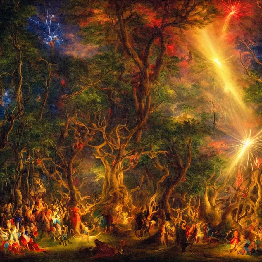 Prompt: closeup of a night carnival inside a tree cavity in a magical forest in the middle of a summer storm, with a music scenario with many fireworks and christmas lights, volumetric lightning, instense god rays in the sky, folklore people disguised with fantastic creatures in a magical forest by summer night, masterpiece painted by ary scheffer, very coherent and colorful high contrast masterpiece,