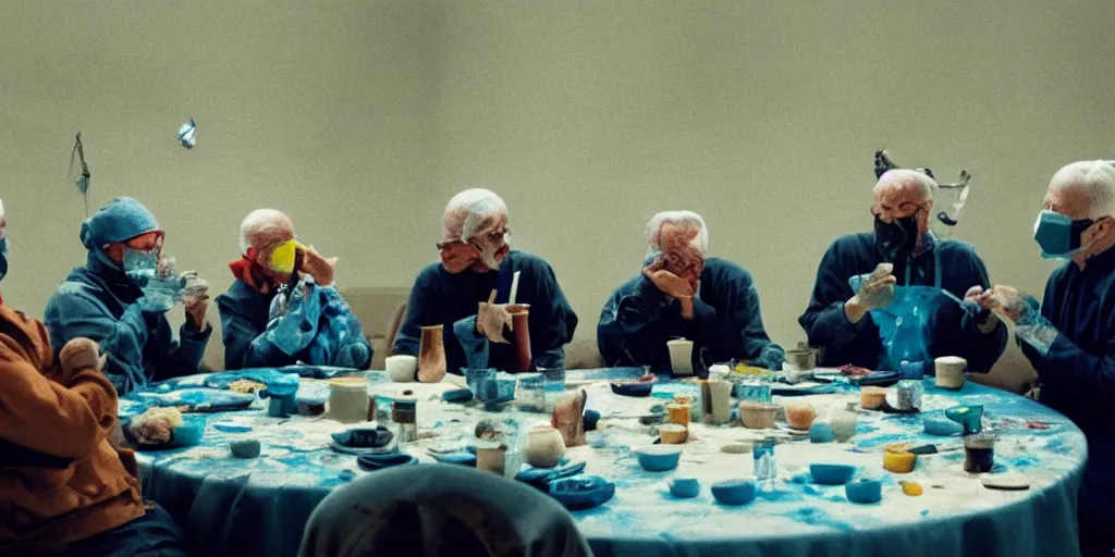 Prompt: film still of wrinkly old men wearing surgical masks sitting at a small round table and finger painting, directed by david lynch, vibrant colours