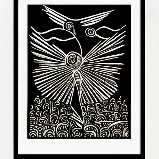 Prompt: a bird rising above the flames, mexican folk art, native american folk art, relief engraving, framed art, very simple, extremely abstract, deep black shading, mild expressionism, award winning