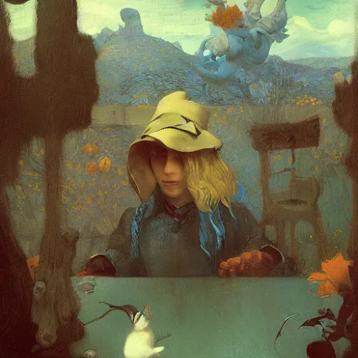 Prompt: alice in wonderland illustrated by johannes vermeer, greg rutkowski, gaston bussiere, van gogh, davinci, and zdzisław beksinski, award - winning, cgsociety contest winner