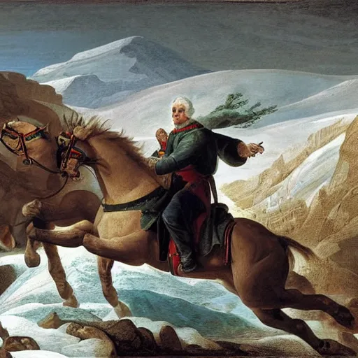 Image similar to benjamin netanyahu crossing the alps, highly detailed, by jacques louis david