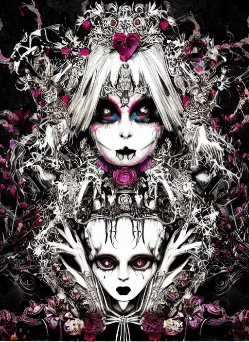 Prompt: baroque bedazzled gothic royalty frames surrounding a pixelsort emo demonic horrorcore Japanese Edward Scissorhands in Wonderland, sharpened early computer graphics, remastered chromatic aberration