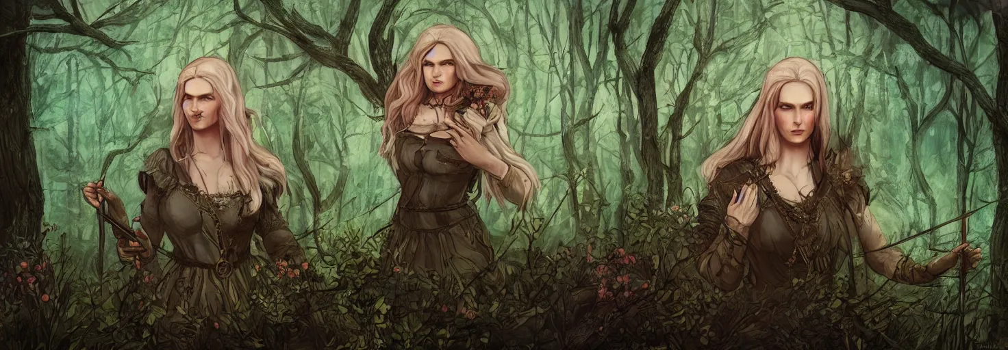 Prompt: soul of darkness theme, a female witcher standing in the centre of the magical forest, concept art in the style of Sandro Botticelli, digital illustration, trending on artstation, 4k