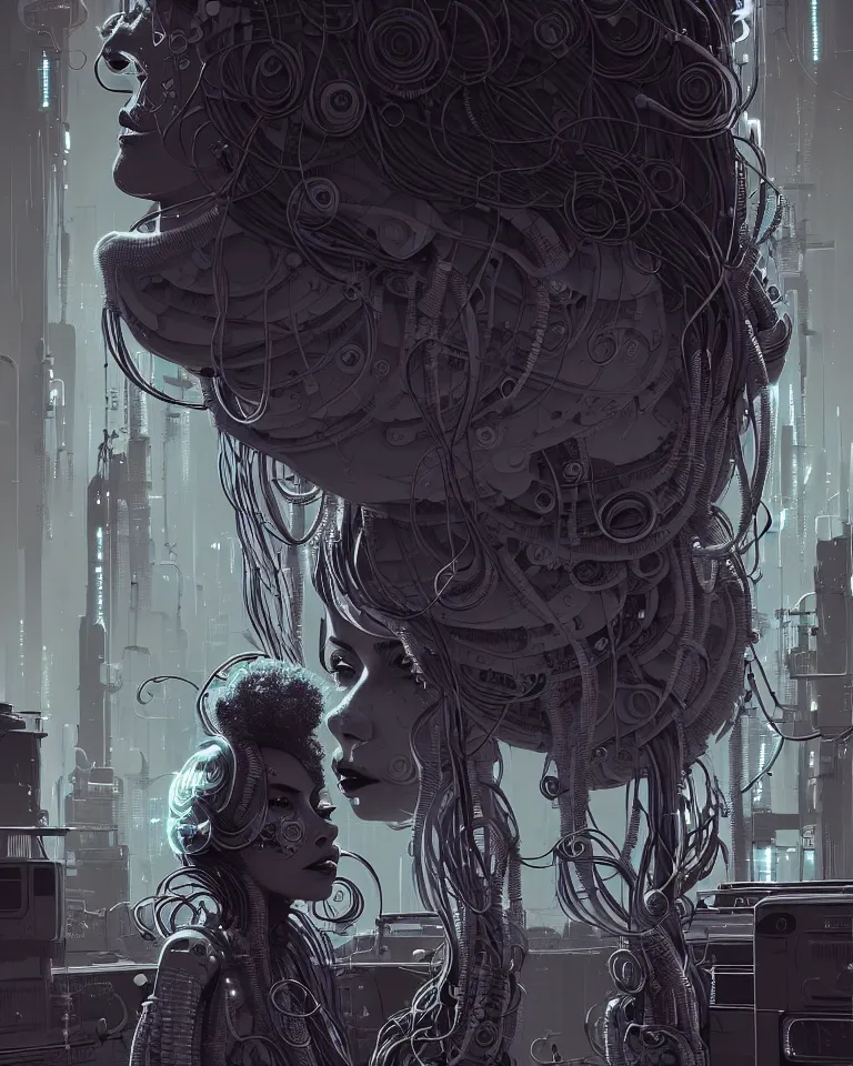 Image similar to highly detailed portrait of a biopunk long curly white hair tribal lady, stray wiring by atey ghailan, james gilleard, by joe fenton, by greg rutkowski, greg tocchini, kaethe butcher, 4 k, gradient neon, black and white color scheme ( neon caustic robotic dystopian city background )