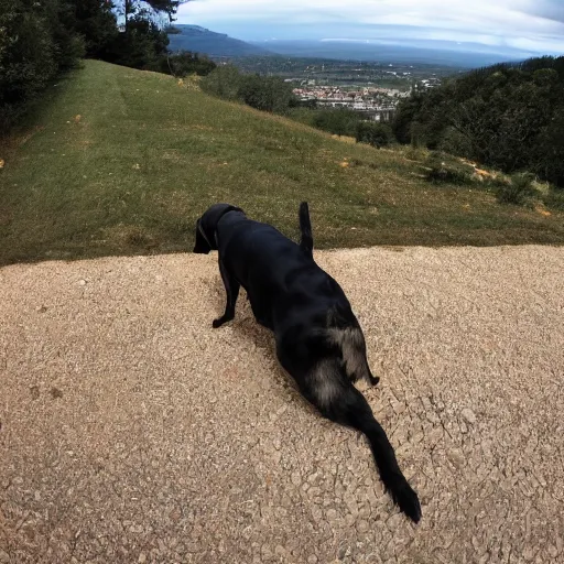 Prompt: pov of the dog view