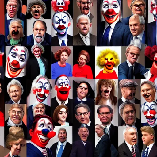 Prompt: chaotic political debate, clowns, on stage, photo realistic