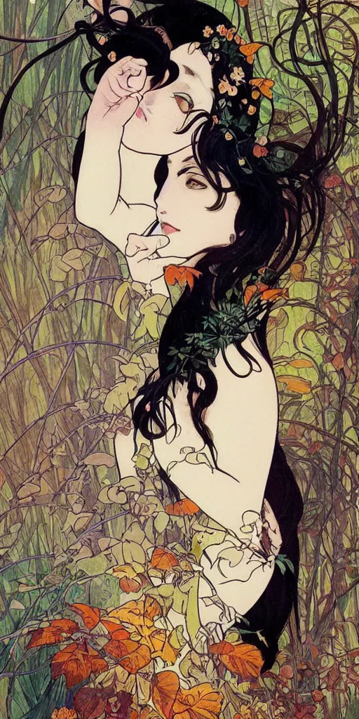 Image similar to a beautiful illustration of a beautiful lady with black hair in a forest in autumn, style of yoshitaka amano and alfons mucha