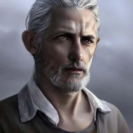 Image similar to epic portrait a beautiful man wearing a white blouse with short sleeves, Long gray hair, scars, beard, cool, digital painting, artstation, concept art, soft light, hdri, smooth, sharp focus, illustration, fantasy, intricate, elegant, highly detailed, D&D, matte painting, in the style of Greg Rutkowski and Alphonse Mucha and artemisia, 8k, highly detailed, jurgens, rutkowski, bouguereau, pastoral, rustic, georgic, detailed concept art, illustration, colorful pastel, painting, detail, ultra detailed, digital art, 4K,