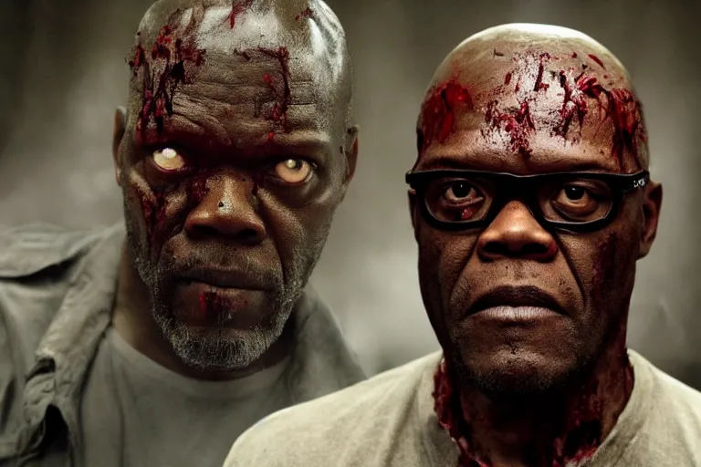 Prompt: samuel l. jackson as a zombie, blood, decay, cinematic lighting, portrait, medium shot, horror movie still