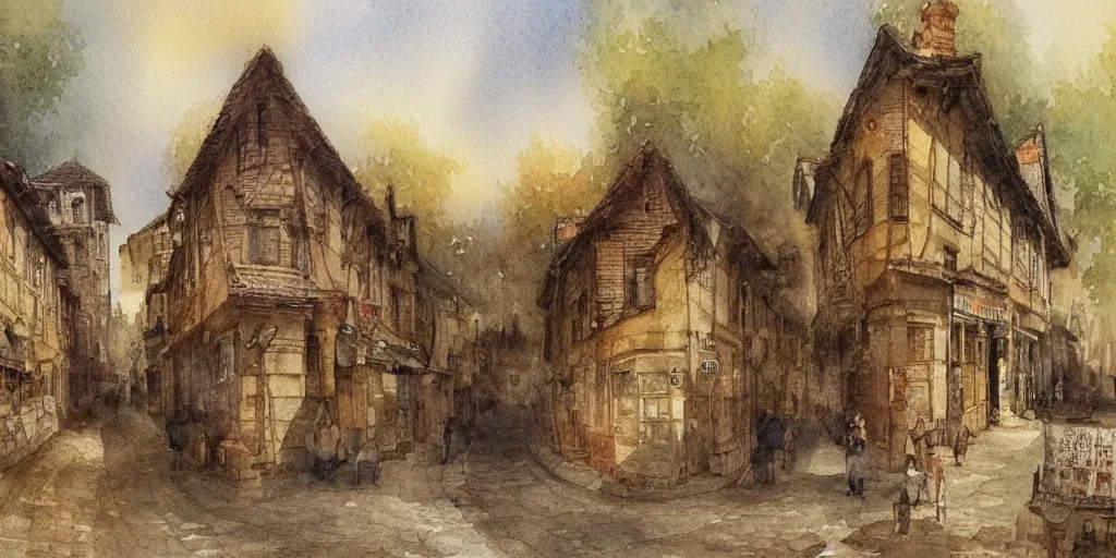 Prompt: a hiper intricate watercolor of a beatiful village street, extremely detailed, sharp focus, wide view, smooth, elegant, digital illustration, colorfull, by william turner art, by greg rutowski