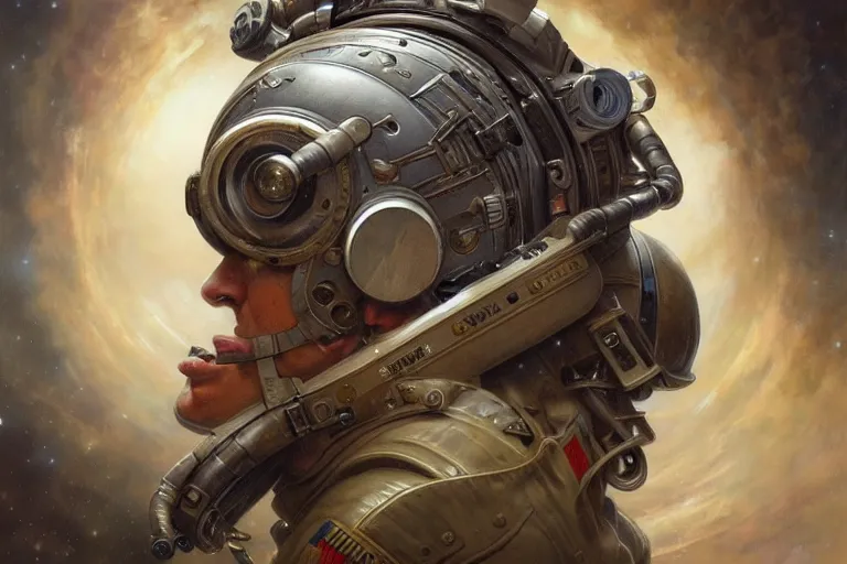 Image similar to portrait shot of ww 1 astronaut, intricate, elegant, highly detailed, centered, digital painting, artstation, concept art, smooth, sharp focus, illustration, artgerm, tomasz alen kopera, peter mohrbacher, donato giancola, joseph christian leyendecker, wlop, boris vallejo