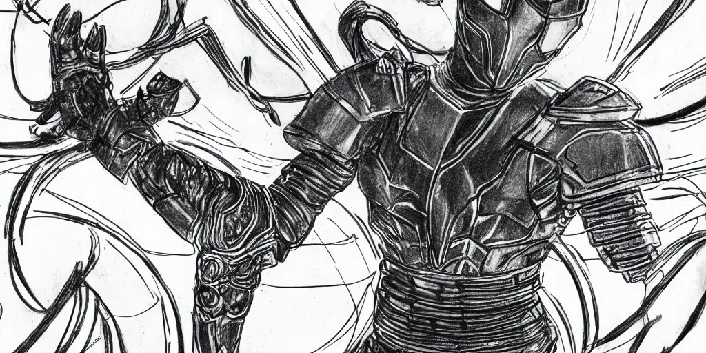 Image similar to pencil sketch storyboard, a man wearing futuristic sleek gauntlets, chest piece and helmet powers up as pulsing lines of energy swirl around him