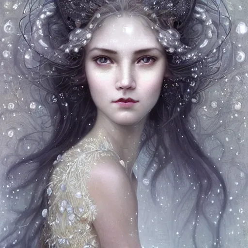 Image similar to Beautiful Delicate Detailed full head portrait of snow woman, With Magical grey eyes by Tom Bagshaw, Bastien Lecouffe Deharme, Erik Johansson, Amanda Sage, Alex Grey, Alphonse Mucha, Harry Clarke, Josephine Wall and Pino Daeni, Delicate winter frozen creature With long white windy Hair and Magical Sparkling Eyes, Magic Particles; Magic Swirls, in a oit of this world magical frozen landscape, 4K; 64 megapixels; 8K resolution concept art; detailed painting; digital illustration; hyperrealism; trending on Artstation; Unreal Engine Photorealistic, lifelike, Unreal Engine, sharp, sharpness, detailed, 8K