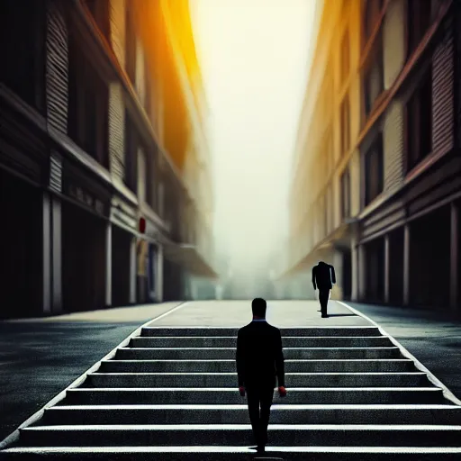 Image similar to photo - realistic, painting of a man walking alone in the boulevard of broken dreams, stairs in the background, hyper detail, sharp, in the style of beeple, mobeius, rule of thirds