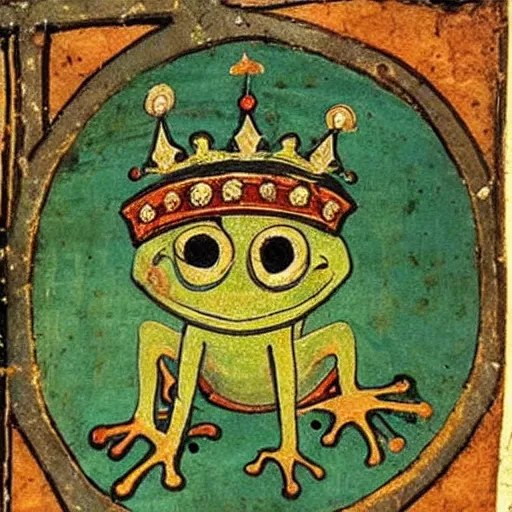 Image similar to beautiful medieval book manuscript painting of a frog wearing a crown