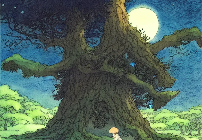 Prompt: a simple watercolor fantasy concept art of a dark grey cube next to a tree at night. by studio ghibli, rebecca guay, michael kaluta, charles vess