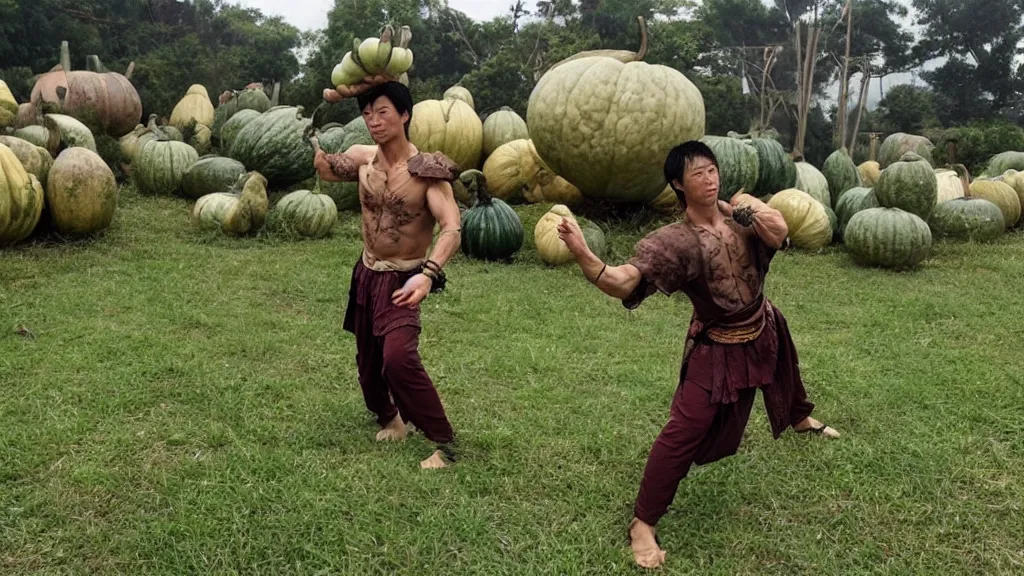 Prompt: muscular wuxia master in a field of giant gourds