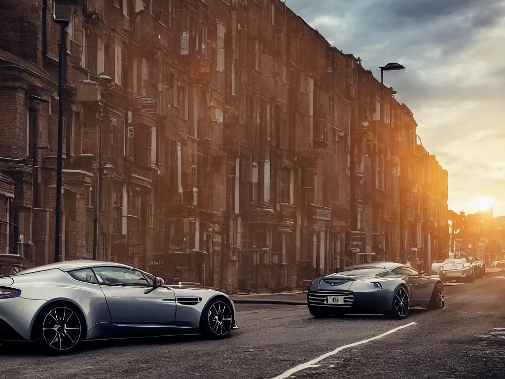 Prompt: modern dyanmic aston martin car parked in london street, low view looking up, small angle, beautiful sunset, unreal engine