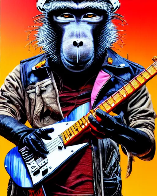 Image similar to a portrait of an anthropomorphic cyberpunk baboon shredding an electric guitar by sandra chevrier, by jon foster, detailed render, tape deck, epic composition, cybernetics, 4 k realistic, cryengine, realistic shaded lighting, sharp focus, masterpiece, by enki bilal