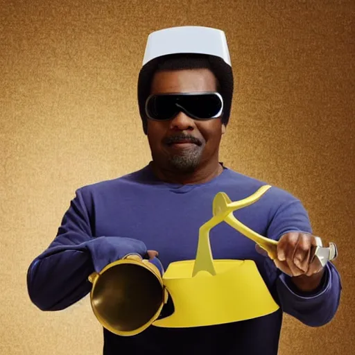 Image similar to Geordi La Forge wearing visor and a colander and random kitchen tools on his head