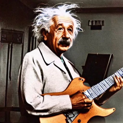 Image similar to colorized photo of Albert Einstein playing an electric guitar, 4k
