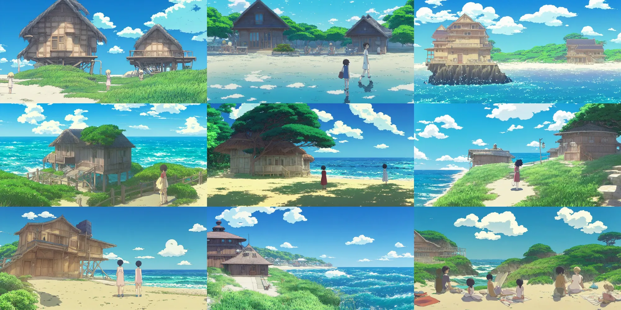 Prompt: atmospheric magical storybook illustration by studio ghibli of a beach house on a sunny summer's day, by the ocean, in the anime film by Makoto Shinkai