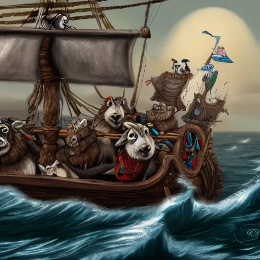 Image similar to a stop motion sheep pirate captain leading a crew of wolves on a pirate ship at sea ultrarealistic trending on art station