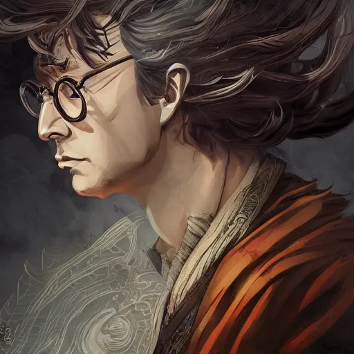 Image similar to harry potter as an samurai, backround dark, highly detailed, digital illustration, trending in artstation, modern painting, smooth, sharp focus, intricate, by peter mohrbacher