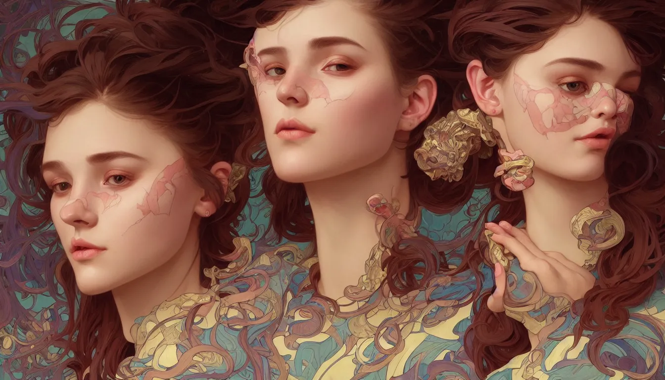 Image similar to excellent painted portrait of one pretty girl with upturned nose, high quality masterpiece painted, patterned background, 4 k, trending on artstation, octane render, art by james jean and artgerm and greg rutkowski and alphonse mucha and craig mullins and james jean and andrei riabovitchev and marc simonetti and peter mohrbacher