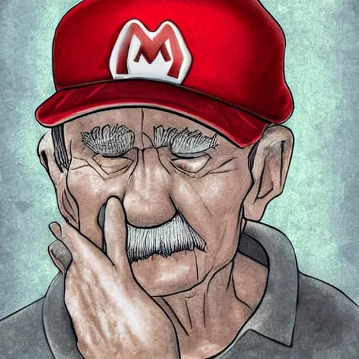 Prompt: An elderly Mario wearing his red cap kneels in a graveyard. In front of him, there is a tombstone with a drawing of Yoshi\'s head chiseled into it. The trees in the graveyard are bare. The art evokes a sensation of loss and nostalgia. Digital art