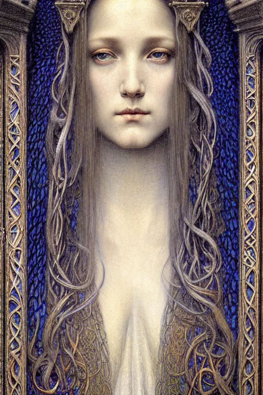 Image similar to detailed realistic beautiful young medieval queen face portrait by jean delville, gustave dore and marco mazzoni, art nouveau, symbolist, visionary, gothic, pre - raphaelite. horizontal symmetry