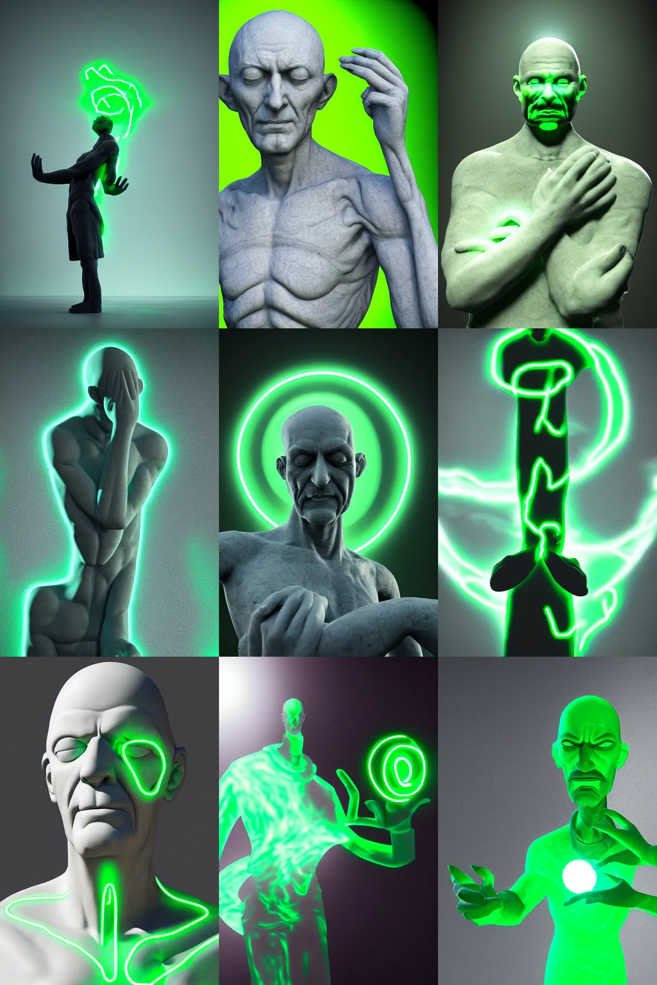 Prompt: marble statue of a scary thin, tall and bald man with no ears, holding a vortex in his hands, his eyes are closed, the vortex glows from an internal neon green light, black background, photorealistic, extremely detailed, close shot, unreal engine, 4 k