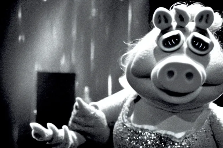 Image similar to film still of miss piggy in cosmic horror! the musical by david cronenberg, horror sci fi, 3 5 mm film, atmospheric, ultra fine detail, film grain, photorealistic, hyperrealistic dramatic lighting