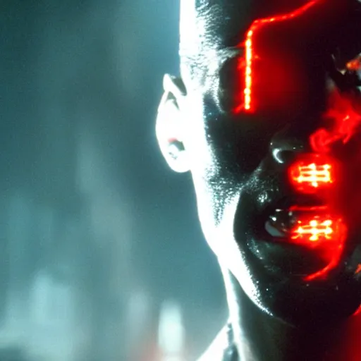 Image similar to film still of will smith as the terminator (1984 film),glowing red eyes, half exposed exoskeleton face, half cyborg, film grain, insanely detailed, 4k, photorealistic, hd