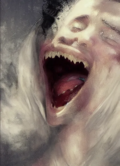 Prompt: smiling young emilia clarke vampire, mouth open, staring seductively, detailed by gaston bussiere, bayard wu, greg rutkowski, giger, maxim verehin, greg rutkowski, masterpiece, sharp focus, cinematic lightning