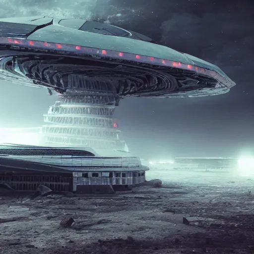 Image similar to A long shot of a huge futuristic alien ship landing in a post apocalyptic world, high detail photo, 4K