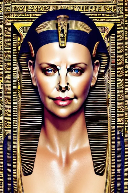 Image similar to Portrait of Charlize Theron as Cleopatra, intricate art deco leaf designs, elegant, highly detailed egyptian patterns, hieroglyph, sharp focus, art by Artgerm and beeple