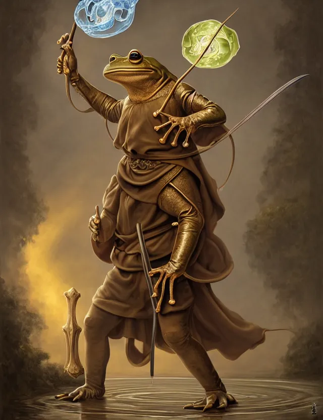 Prompt: anthropomorphic bipedal frog that is dressed as a renaissance monk fighter, and holding a thick staff, as a matte oil painting and d & d character art, by alex grey, standing, fullbody, floating bubbles, mystic, fog, fractals, spirals, concept art, award - winning, extremely detailed, sharp focus