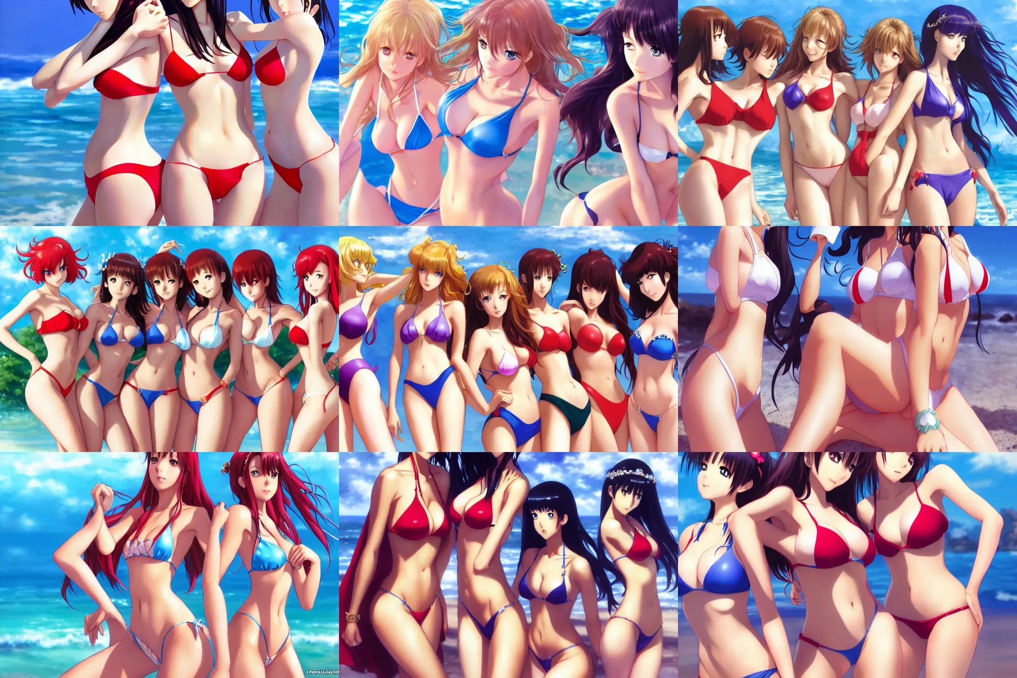 Image similar to close - up princesses posing together in bikini. by takashi takeuchi, yoshiyuki sadamoto, amagaitaro, makoto shinkai, krenz cushart, asao urata, pixiv
