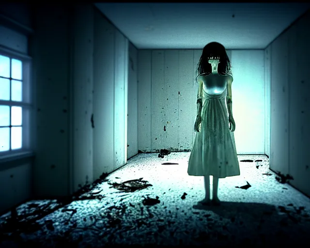Prompt: creepy mangled woman wearing white dress standing in the backrooms, playable trailer, psychological horror, the eerie forlorn atmosphere of a place that's usually bustling with people but is now abandoned and quiet, buzzing fluorescent lights above the ceiling, unsettling images, liminal space, dark, created by hideo kojima
