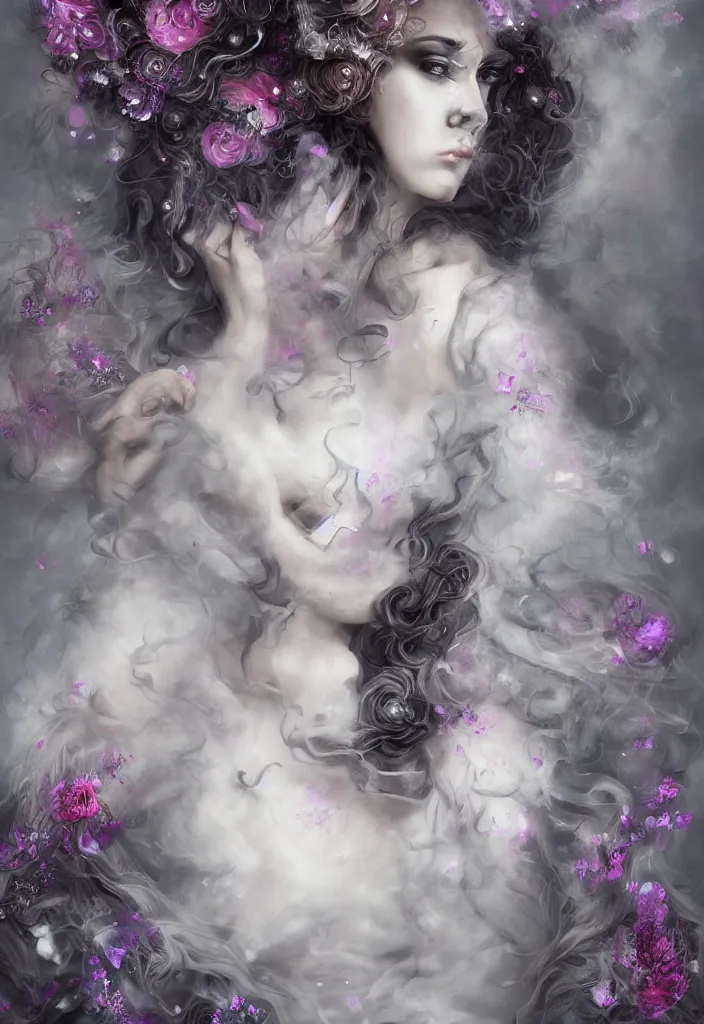 Prompt: surreal, beautiful, haunting young woman made out of smoke and clouds, ghost, apparition, in victorian aristocrat, detailed gorgeous face, flowing hair, vaporwave aesthetic, synthwave long luxurious gown made out of pearls, hair done up with flowers and ribbons, digital art, butterflies, birds, digital painting, artstation, concept art, smooth, sharp focus, illustration, art by artgerm and greg rutkowski and alphonse mucha