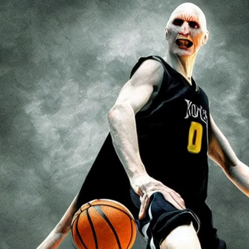 Image similar to voldemort as a basketball player, slam dunking