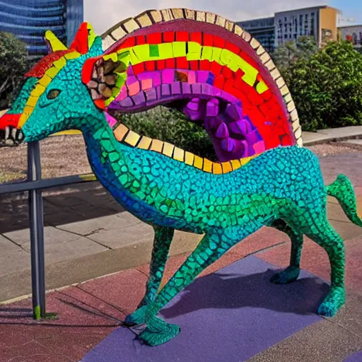 Image similar to extremely colorful, concrete mosaic sculpture of an alebrije griffin, art by wouterina de raad and james tellen and sherri warner hunter