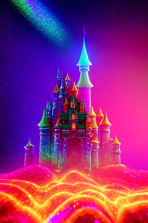 Prompt: iridescent holographic multicolored glitter fantasy castle in space, hyper realistic, ambient lighting, concept art, intricate, hyper detailed, smooth, dynamic volumetric lighting, octane, raytrace, cinematic, high quality, high resolution, 4 k, artstation