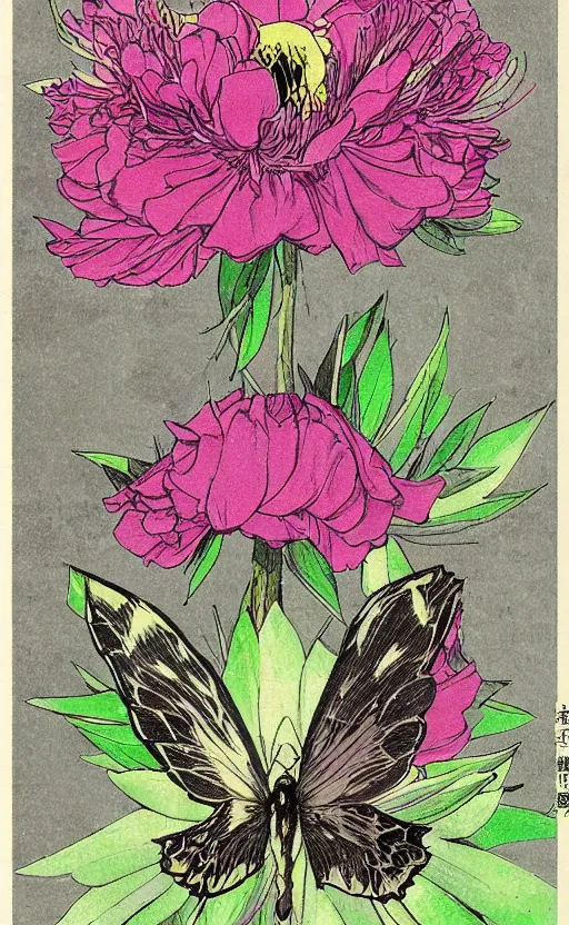 Prompt: by akio watanabe, manga art, portrait of a butterlfy spreading its colorful wings, peony flower, realistic insect anatomy, trading card front