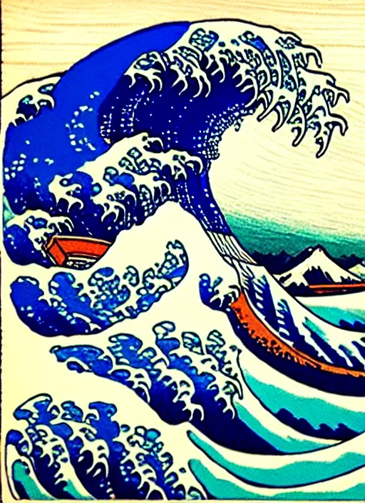 Image similar to a painting of waves in the ocean with mountains in the background, a woodcut by utagawa hiroshige ii, pixiv, ukiyoe, ukiyoe, vaporwave, woodcut