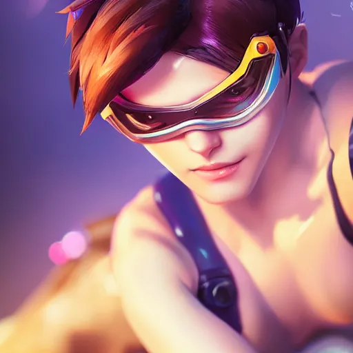 Image similar to overwatch tracer in a bikini, digital art, pretty face, very beautiful face, very detailed eyes, 8 k resolution, by wlop, greg rutkowski, full body
