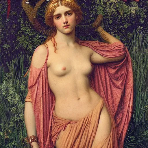 Image similar to the night crown, by John William Godward and Annie Swynnerton, embroidered robes, starry tattoos, elaborate costume, geometric ornament, symbolist, soft colors, dramatic lighting, smooth, sharp focus, extremely detailed